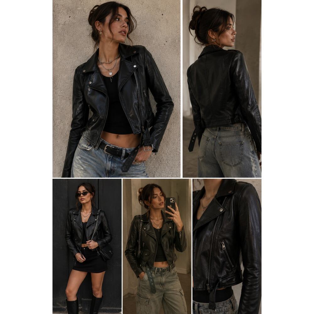 Elodie Cropped Faux Leather Moto Jacket Black Biker Grunge Minimalist S